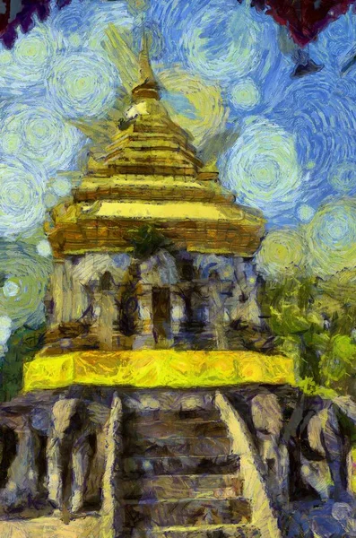 Antik Pagoda Çizimleri Empresyonist Bir Resim Stili Yaratıyor — Stok fotoğraf