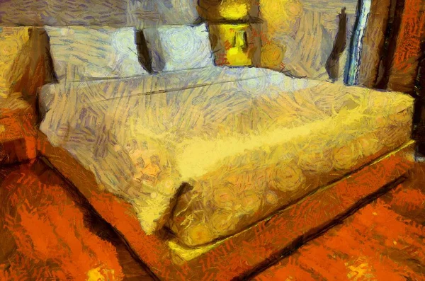 Cama Una Habitación Hotel Ilustraciones Crea Estilo Impresionista Pintura —  Fotos de Stock