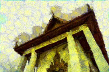 Antik Tayland mimarisi Illustrasyonları empresyonist bir resim tarzı yaratıyor.