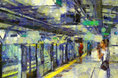 Gökyüzü tren istasyonunun manzarası Illustrations, empresyonist bir resim stili yaratıyor..