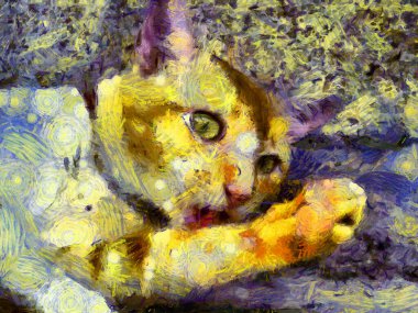 Yerde yatan bir kedi Illustrations resmin empresyonist bir stilini yaratır..