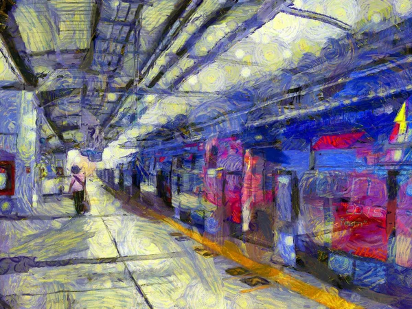 Skytrain Station Illustrations Создает Импрессионистский Стиль Живописи — стоковое фото