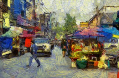 Tayland 'ın illerindeki taze pazarın manzarası izlenimci bir resim tarzı yaratıyor..