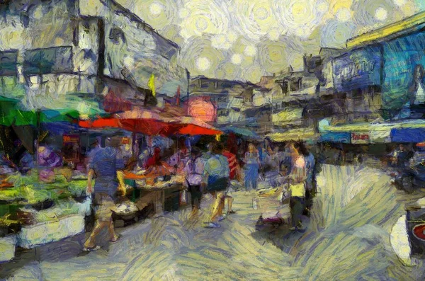 タイの地方の新鮮な市場の風景 イラスト 絵画の印象的なスタイルを作成します — ストック写真