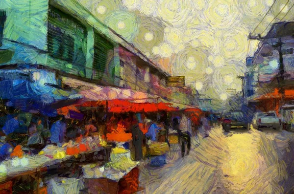 タイの地方の新鮮な市場の風景 イラスト 絵画の印象的なスタイルを作成します — ストック写真