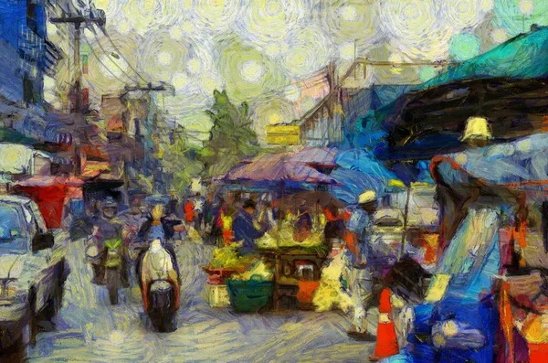 Τοπίο Της Αγοράς Νωπών Στις Επαρχίες Της Ταϊλάνδης Εικονογραφήσεις Δημιουργεί — Φωτογραφία Αρχείου