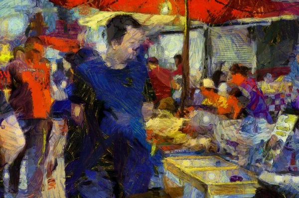 Landschaft Des Frischemarktes Den Provinzen Thailands Illustrationen Schaffen Einen Impressionistischen — Stockfoto