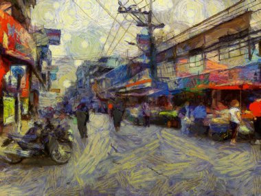 Tayland 'ın illerindeki taze pazarın manzarası izlenimci bir resim tarzı yaratıyor..