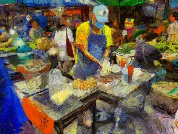 Paisaje Del Mercado Fresco Las Provincias Tailandia Illustrations Crea Estilo — Foto de Stock