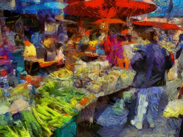 Landscape Fresh Market Provinces Thailand Illustrations Creates Impressionist Style Painting — Stock Photo, Image
