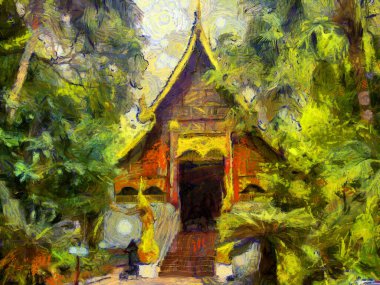 Kuzey Tayland tarzında antik tapınaklar, sanat ve mimari çizimler empresyonist bir resim tarzı yaratır..