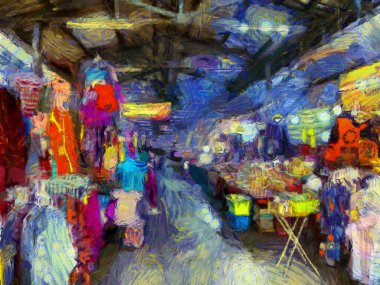 Tayland 'ın illerindeki taze pazarın manzarası izlenimci bir resim tarzı yaratıyor..