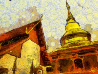 Kuzey Tayland tarzında antik tapınaklar, sanat ve mimari çizimler empresyonist bir resim tarzı yaratır..
