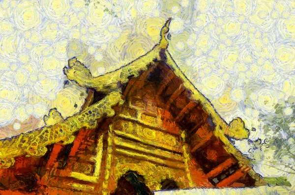 Kuzey Tayland tarzında antik tapınaklar, sanat ve mimari çizimler empresyonist bir resim tarzı yaratır..