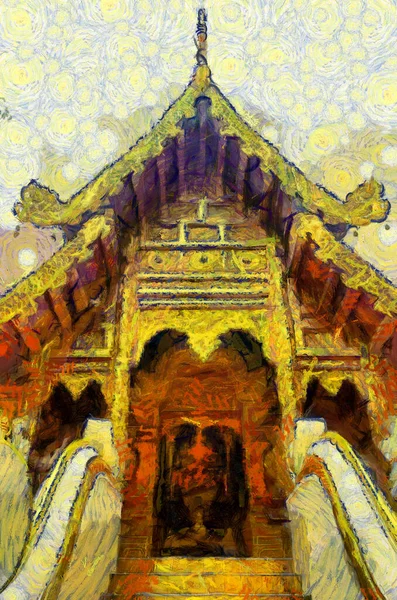 タイ北部の古代寺院 イラスト 絵画の印象派スタイルを作成 — ストック写真