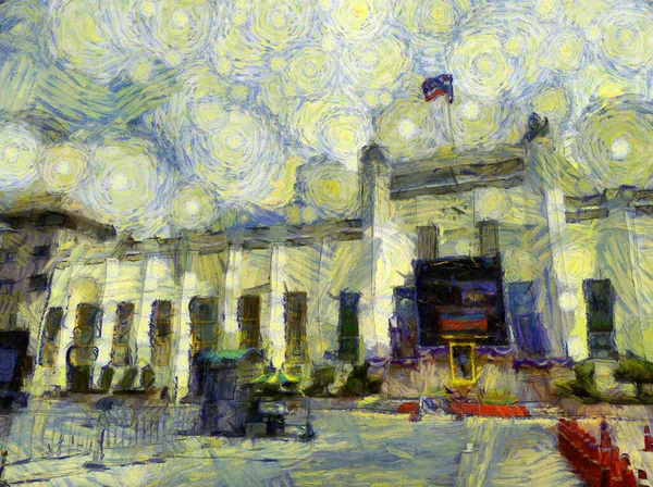 Eski stadyum resimlerinin manzarası empresyonist bir resim tarzı yaratıyor..