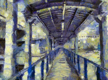 Üst geçitteki yürüyüş yolunun manzarası resmin izlenimci bir stilini yaratıyor..