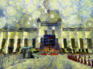 Eski stadyum resimlerinin manzarası empresyonist bir resim tarzı yaratıyor..