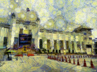 Eski stadyum resimlerinin manzarası empresyonist bir resim tarzı yaratıyor..