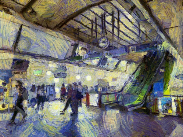 Paisagem Estação Skytrain Ilustrações Cria Estilo Impressionista Pintura — Fotografia de Stock