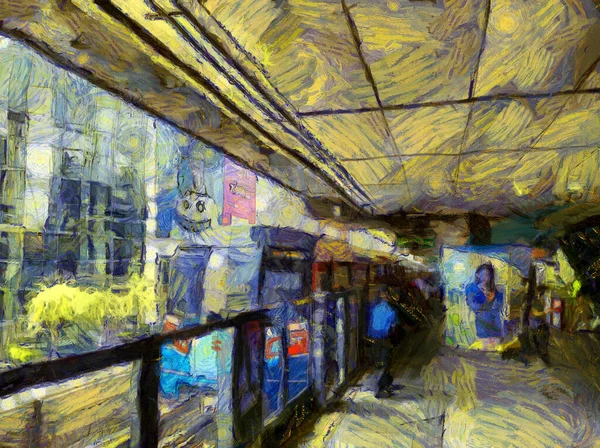 Skytrain İstasyonu Illustrations 'ın manzarası izlenimci bir resim tarzı yaratıyor..