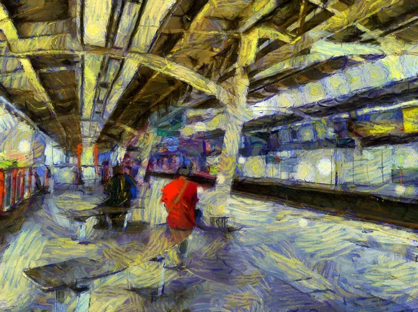 Paisagem Estação Skytrain Ilustrações Cria Estilo Impressionista Pintura — Fotografia de Stock