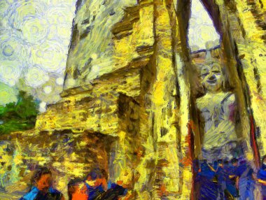 Antik Tayland mimari manzarası Illustrations bir empresyonist resim stili oluşturur.