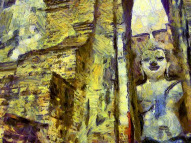 Antik Tayland mimari manzarası Illustrations bir empresyonist resim stili oluşturur.