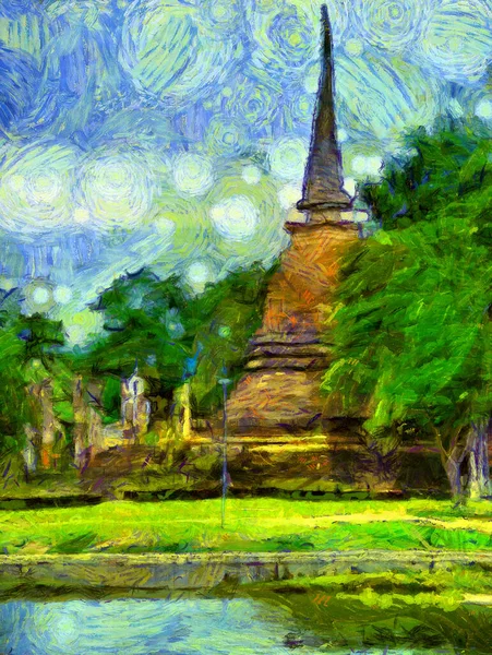 Forntida Thai Arkitektur Landskap Illustrationer Skapar Impressionistisk Stil Måleri — Stockfoto