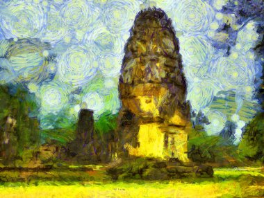 Antik Tayland mimari manzarası Illustrations bir empresyonist resim stili oluşturur.