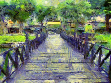 Antik Tayland mimari manzarası Illustrations bir empresyonist resim stili oluşturur.