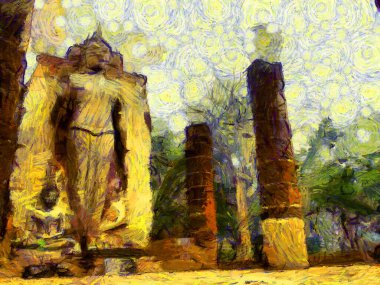 Antik Tayland mimari manzarası Illustrations bir empresyonist resim stili oluşturur.