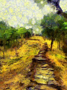 Antik Tayland mimari manzarası Illustrations bir empresyonist resim stili oluşturur.