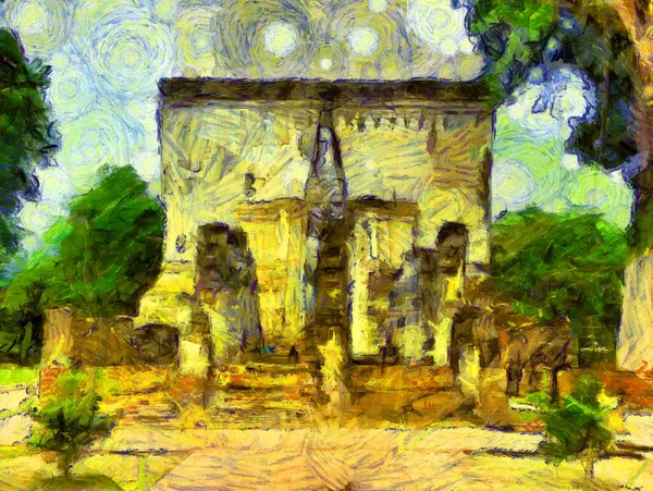 Ancient thai architecture landscape Illustrations creates an impressionist style of painting.