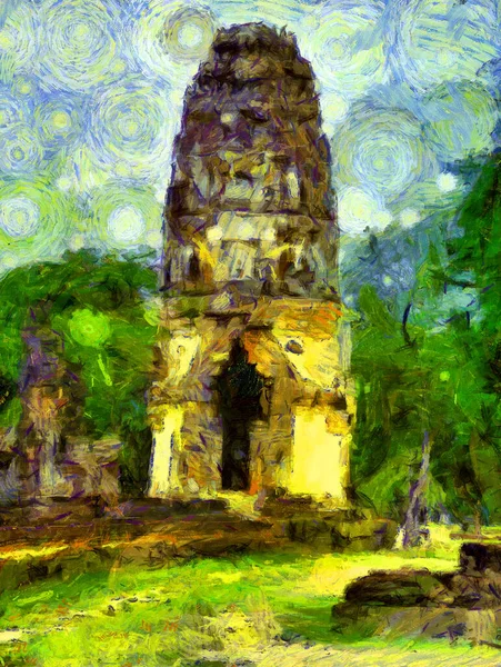 Paisaje Arquitectura Tailandesa Antigua Ilustraciones Crea Estilo Impresionista Pintura — Foto de Stock