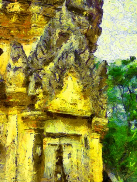 Antik Tayland Mimari Manzarası Illustrations Bir Empresyonist Resim Stili Oluşturur — Stok fotoğraf