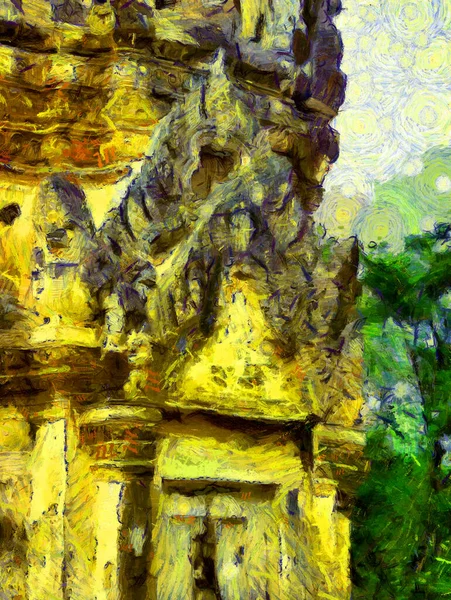 Ősi Thai Építészet Táj Illusztrációk Létrehoz Egy Impresszionista Stílus Festészet — Stock Fotó