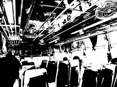 Tayland 'da eski yolcu otobüsü Siyah beyaz çizimler.