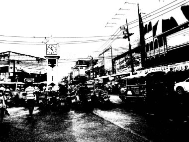 Şehir merkezinin Tayland 'ın siyah ve beyaz illüstrasyonlarındaki manzarası.