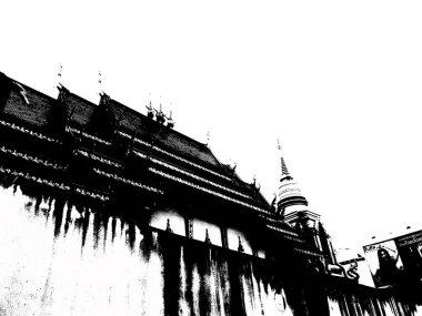 Kuzey Tayland 'daki antik tapınakların manzarası Siyah ve beyaz çizimler.