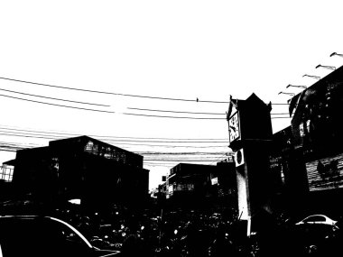 Şehir merkezinin Tayland 'ın siyah ve beyaz illüstrasyonlarındaki manzarası.