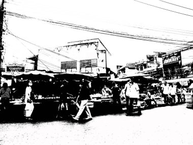 Şehir merkezinin Tayland 'ın siyah ve beyaz illüstrasyonlarındaki manzarası.