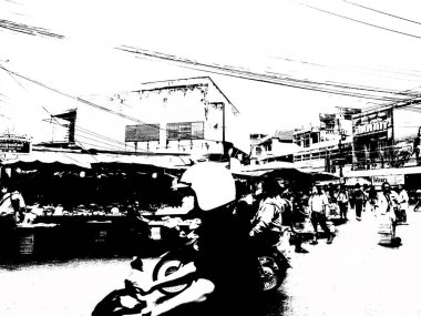 Şehir merkezinin Tayland 'ın siyah ve beyaz illüstrasyonlarındaki manzarası.