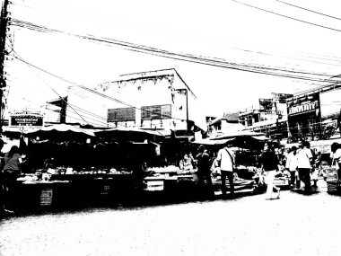 Şehir merkezinin Tayland 'ın siyah ve beyaz illüstrasyonlarındaki manzarası.