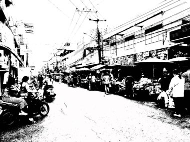 Şehir merkezinin Tayland 'ın siyah ve beyaz illüstrasyonlarındaki manzarası.