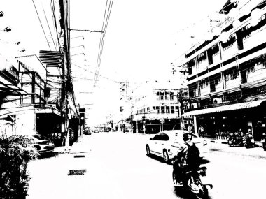 Şehir merkezinin Tayland 'ın siyah ve beyaz illüstrasyonlarındaki manzarası.