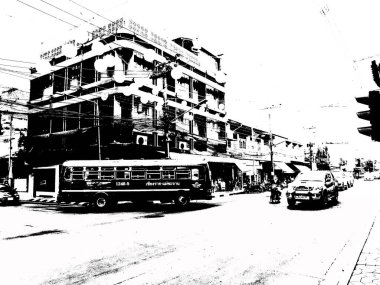 Şehir merkezinin Tayland 'ın siyah ve beyaz illüstrasyonlarındaki manzarası.