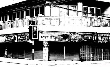 Şehir merkezinin Tayland 'ın siyah ve beyaz illüstrasyonlarındaki manzarası.