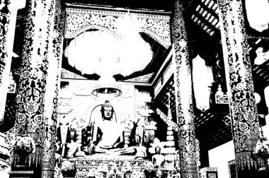 Kuzey Tayland 'daki antik tapınakların manzarası Siyah ve beyaz çizimler.