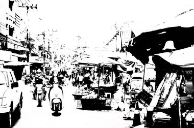 Şehir merkezinin Tayland 'ın siyah ve beyaz illüstrasyonlarındaki manzarası.